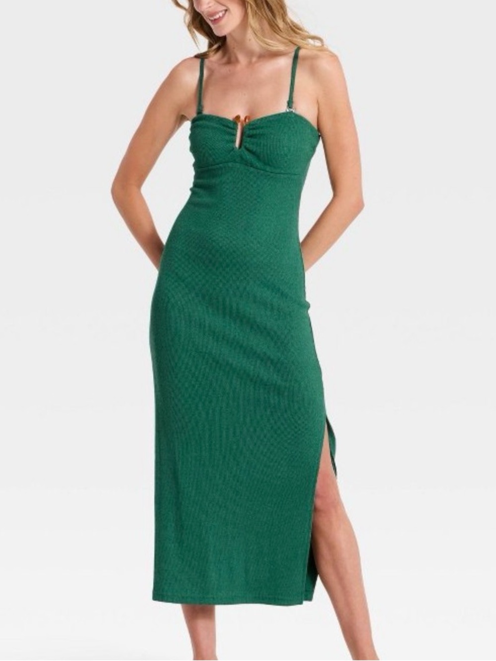 Green Ribbed Midi Dress with Side Slit - Unknown Brand